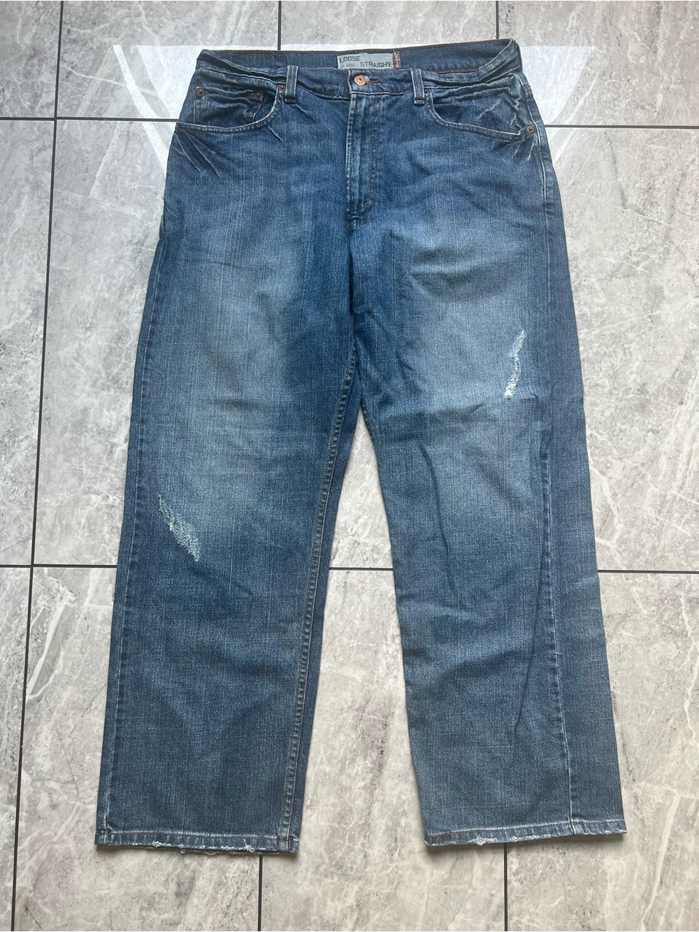 Levi's 569 Jeans Loose Straight Blue Wash Destroyed Distressed 34Wx30L Denim Y2K